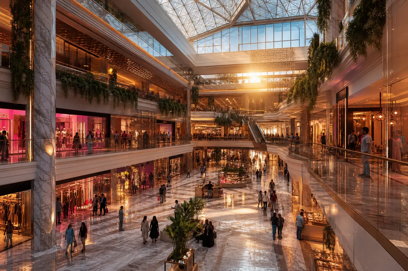 Luxury mall atrium with shoppers and storefronts
