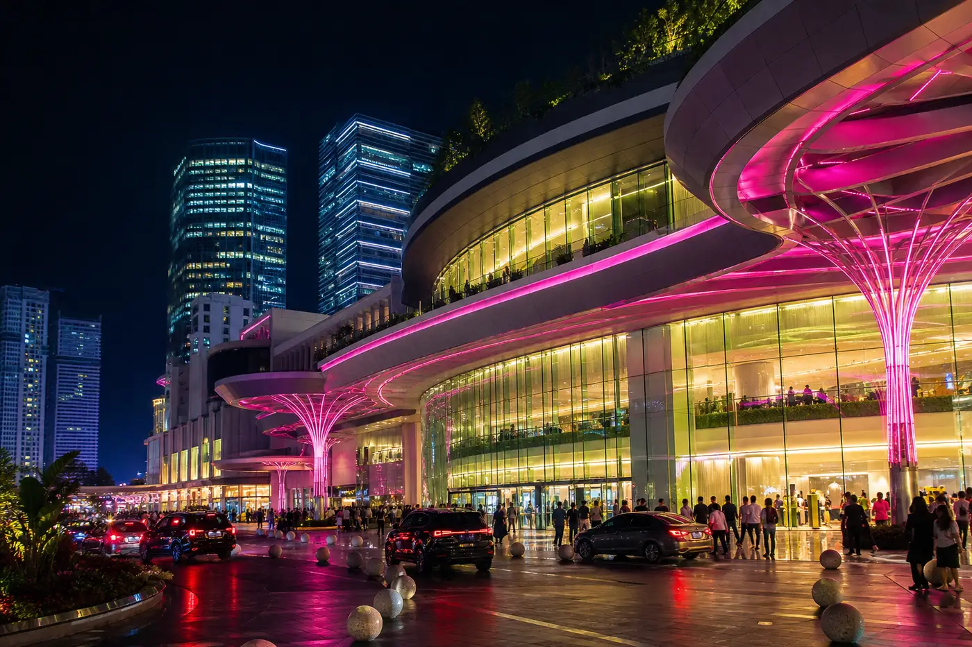 Shopping mall glowing at night